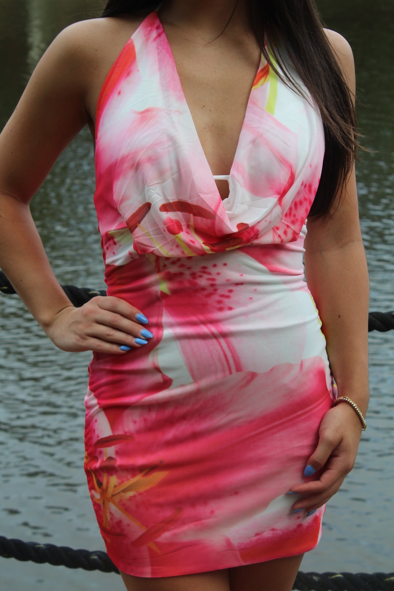 Pink Floral Mini Halter Dress