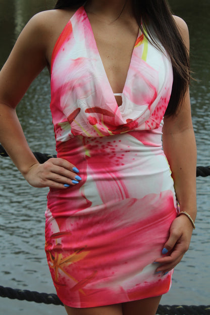 Pink Floral Mini Halter Dress