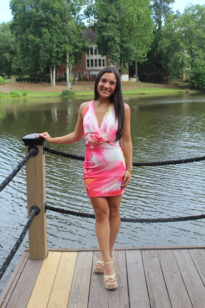 Pink Floral Mini Halter Dress