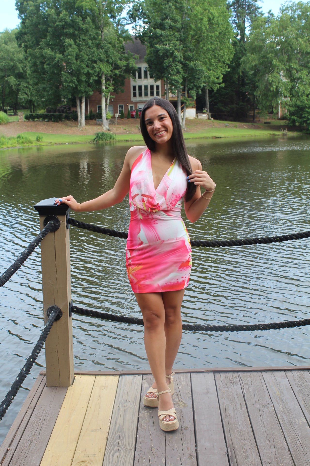 Pink Floral Mini Halter Dress