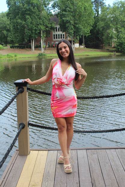 Pink Floral Mini Halter Dress