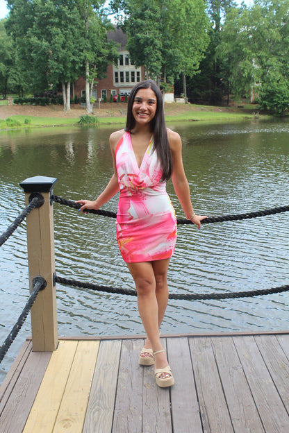 Pink Floral Mini Halter Dress