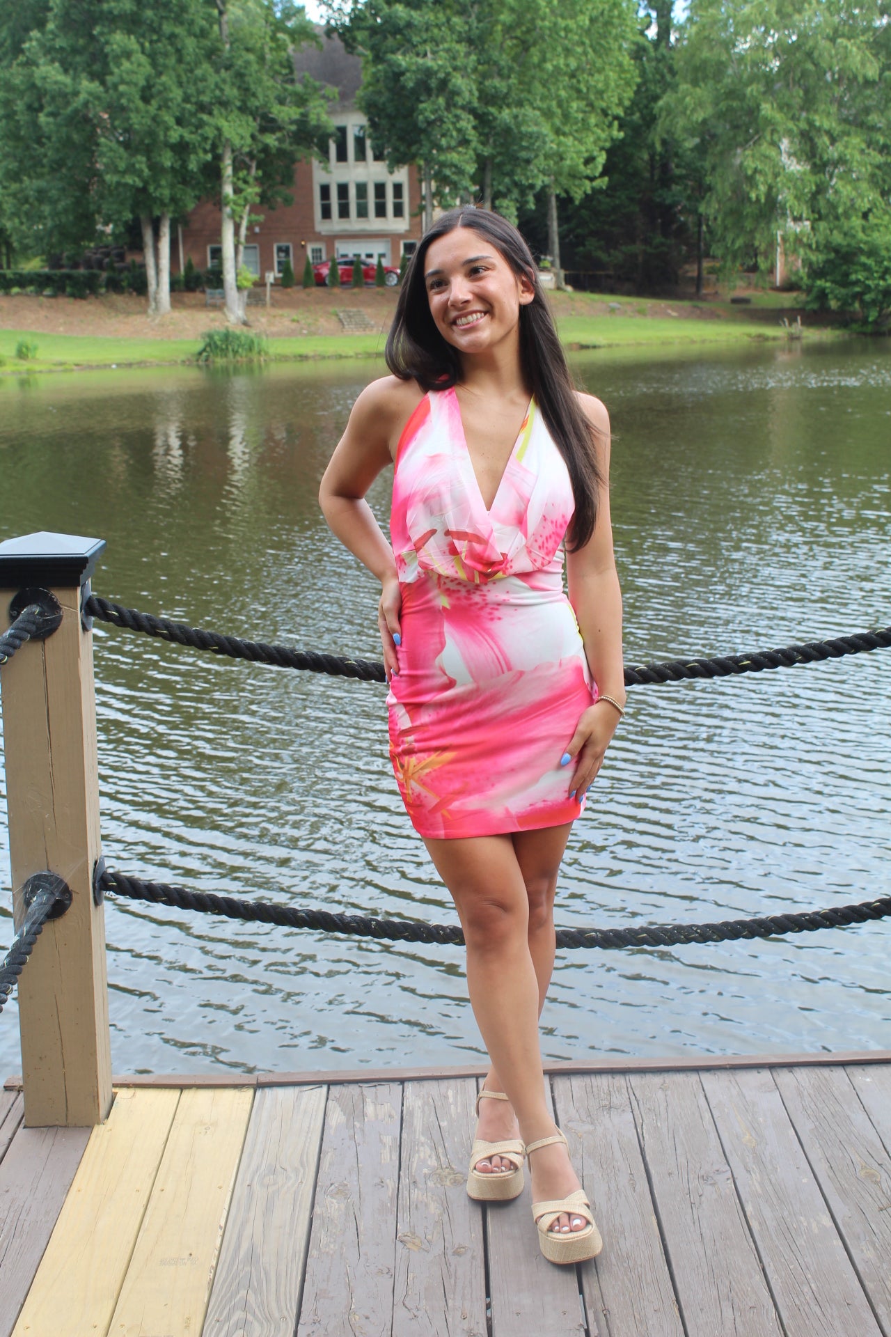 Pink Floral Mini Halter Dress